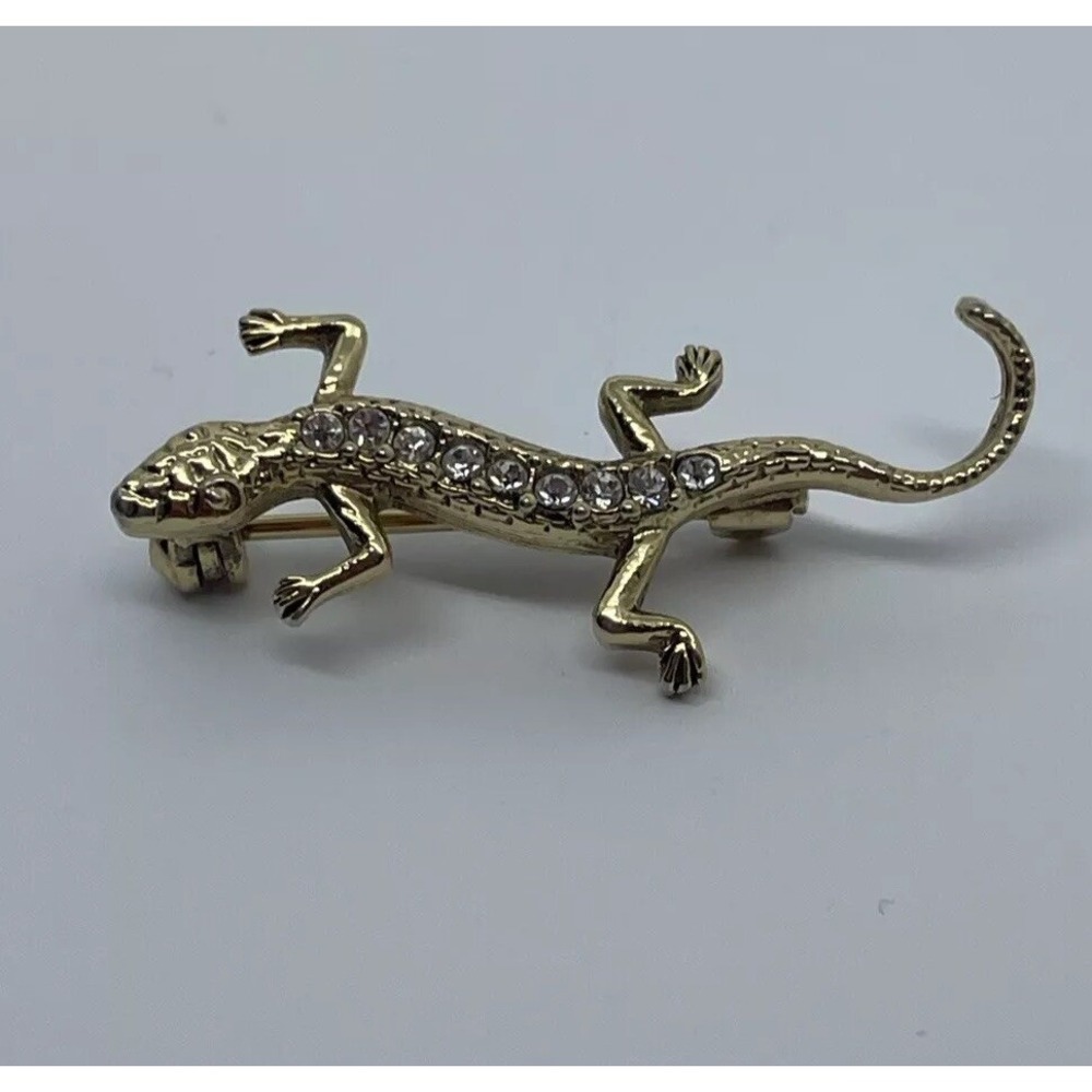Vintage Gold Tone Salamander Lizard Gecko Fashion Pin Brooch 9 Rhinestones CZ